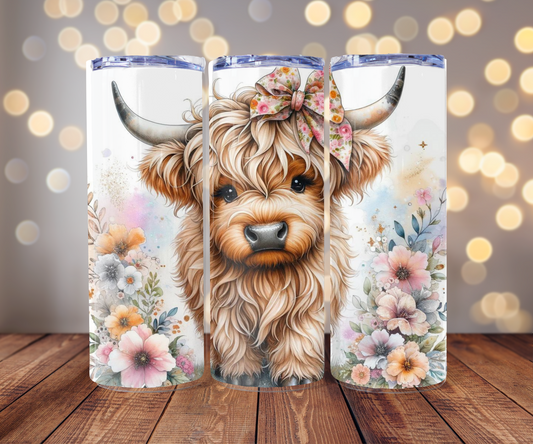 Cute Highland Cow with Pastel Flowers